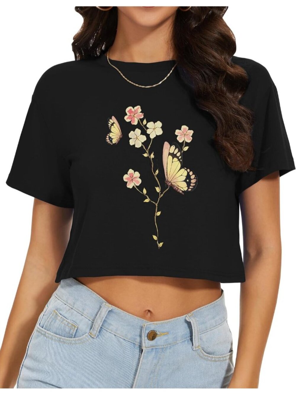 Women's Pink Butterfly Flower Short Sleeve Round Neck Loose Fit Summer Crop Tops - Picture 5 of 6